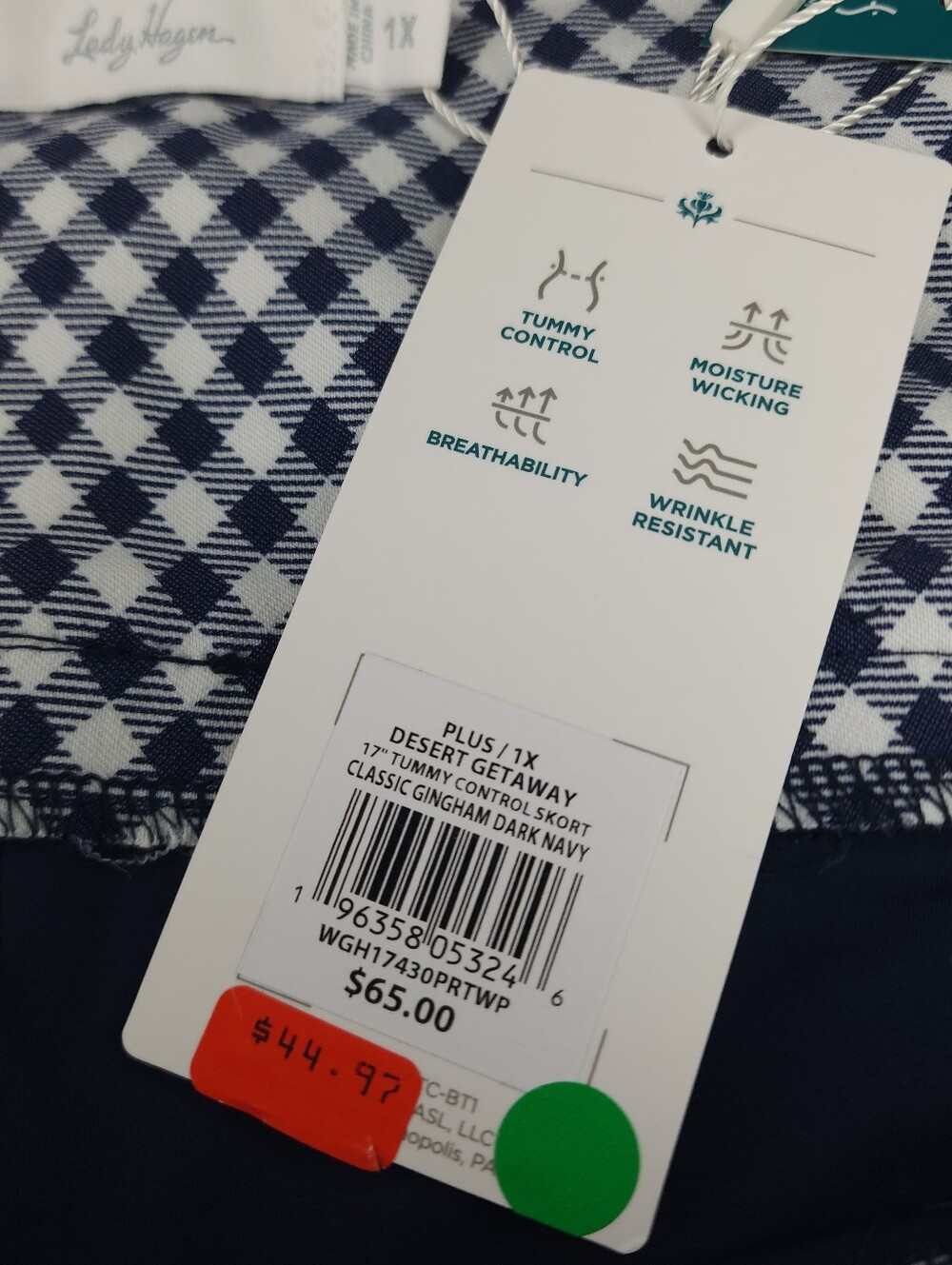 Lady Hagen Pull-on Tummy Control Navy Blue And White Gingham Sport Skort - Picture 7 of 9